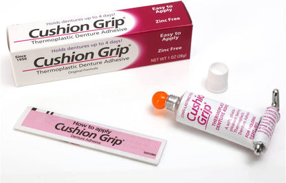 Cushion Grip Thermoplastic Denture Adhesive for Refitting and Tightening Loose Dentures [Not a Glue Adhesive, Acts like a Soft Reliner] (1 Oz) Hold Dentures for up to 4 Days.