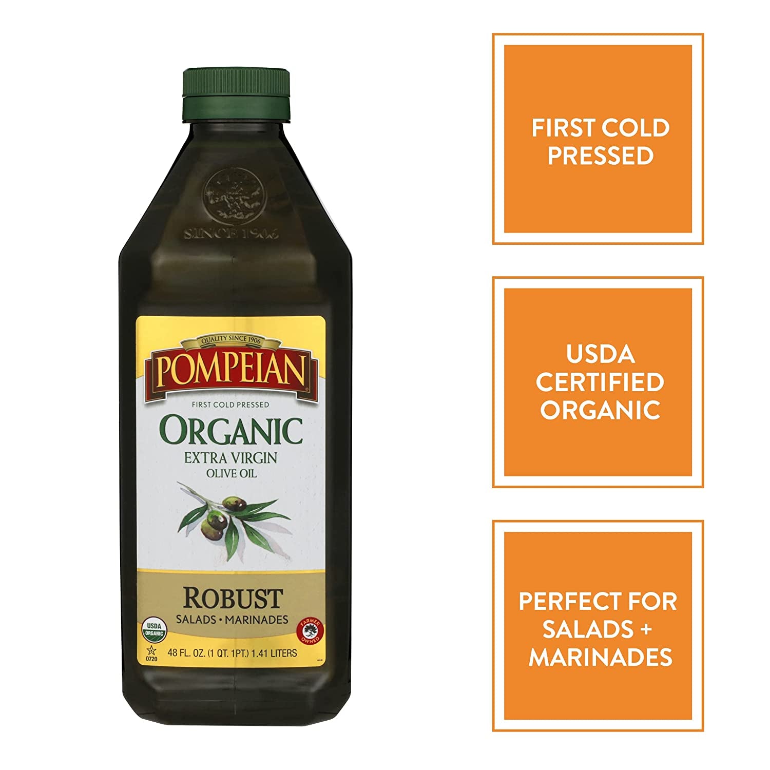 Pompeian USDA Organic Robust Extra Virgin Olive Oil, First Cold Pressed, Full-Bodied Flavor, Perfect for Salad Dressings & Marinades, 48 FL. OZ.