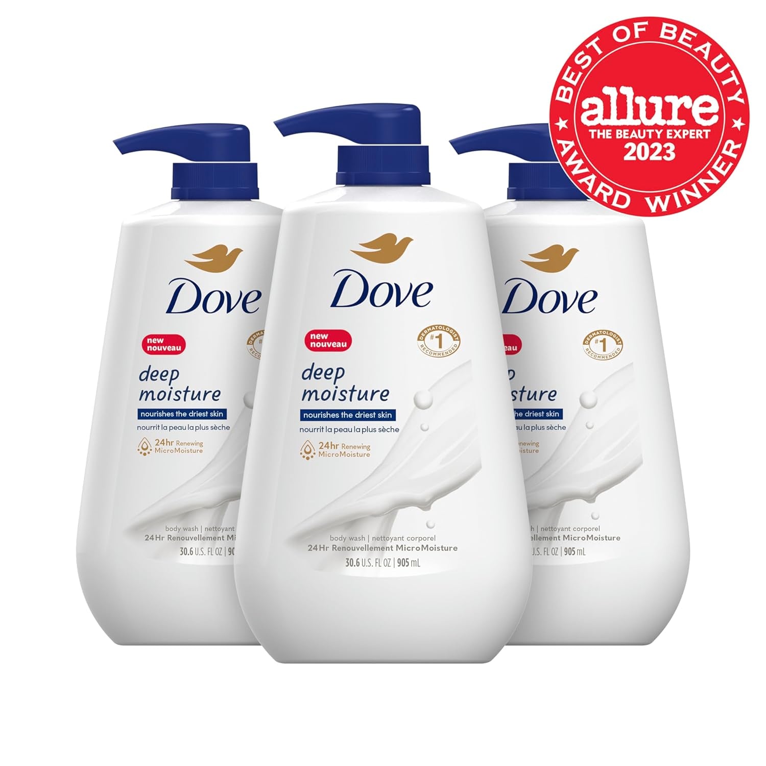 Dove Body Wash with Pump Deep Moisture for Dry Skin Moisturizing Skin Cleanser with 24Hr Renewing Micromoisture Nourishes the Driest Skin, 30.6 Fl Oz (Pack of 3)