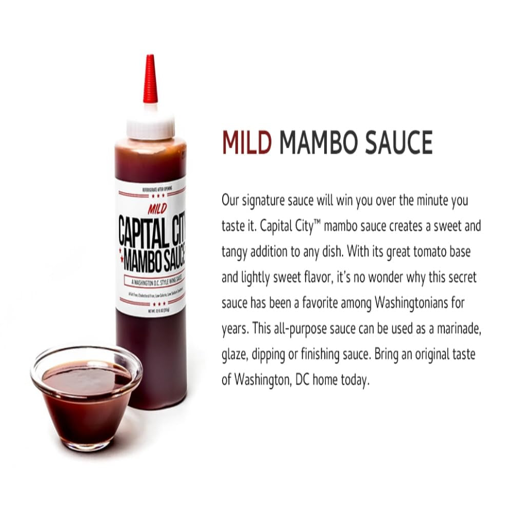 Capital City Mambo Sauce - Variety 2 Pack - Sweet Hot & Mild | Washington DC Wing Sauces | Perfect Condiment Topping for Wings, Chicken, Pork, Beef, Seafood, Burgers, Rice or Noodles | 12 Oz Bottles (2 Pack)