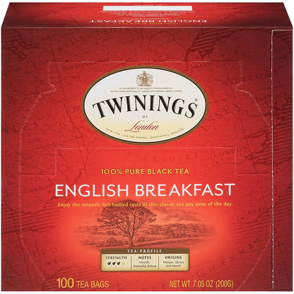 Twinings English Breakfast Black Tea, 100 Individually Wrapped Tea Bags, Smooth, Flavourful, Robust, Caffeinated