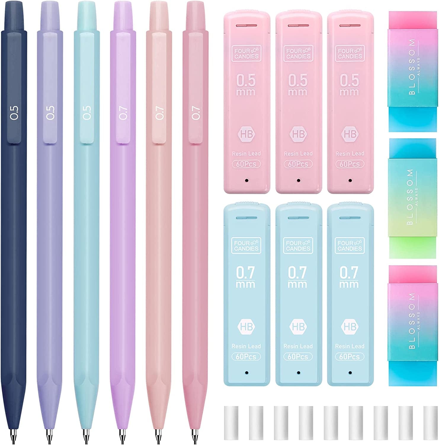 Four Candies Cute Mechanical Pencil Set, 6PCS Pastel Pencils 0.5Mm & 0.7Mm with 360PCS HB Pencil Leads, 3PCS Erasers and 9PCS Eraser Refills, Aesthetic Mechanical Pencils for Girls Writing