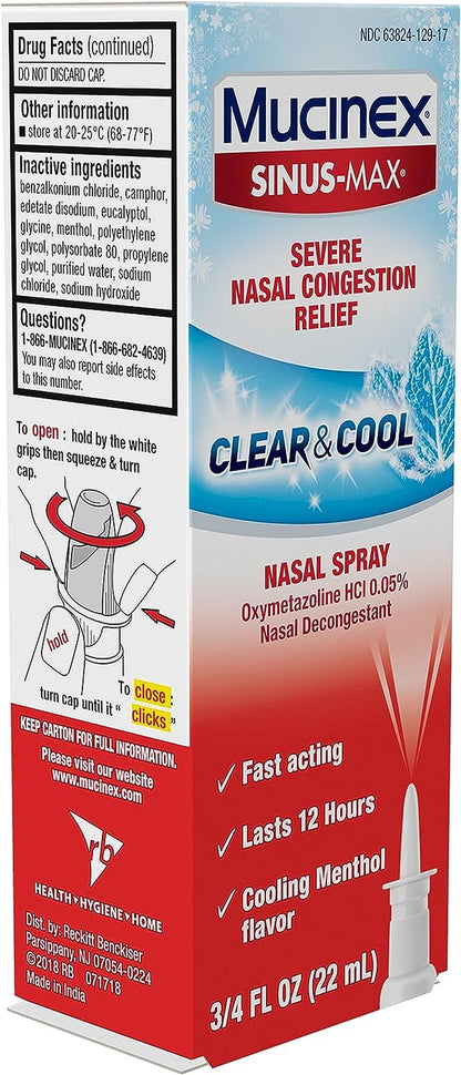 Mucinex Sinus-Max Severe Nasal Congestion Relief Clear & Cool Nasal Spray, 0.75 Fl. Oz., Lasts 12 Hours, Fast Acting, Cooling Menthol Flavor