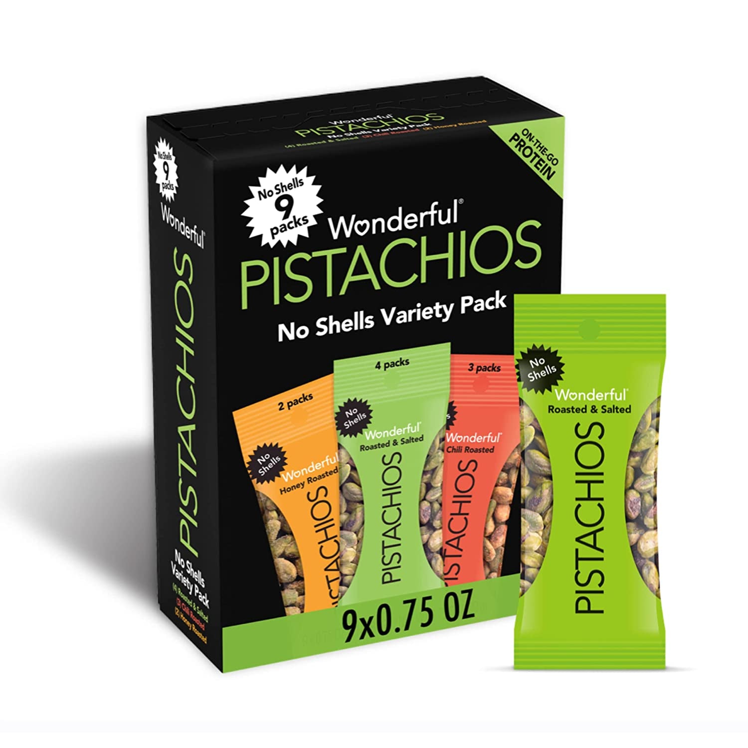 Wonderful Pistachios, No Shells, Variety Pack, 0.75Oz (Pack of 9) Roasted & Salted (4), Chili Roasted (3), Honey Roasted (2)