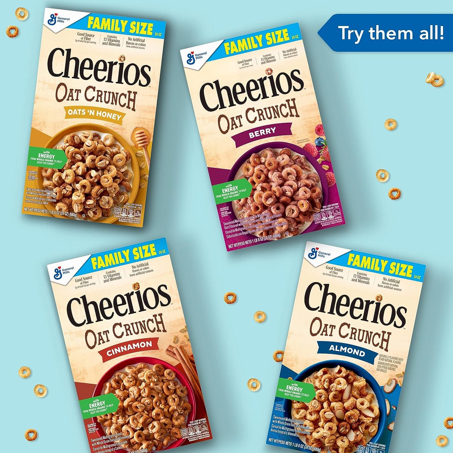 Cheerios Oat Crunch Almond Oat Breakfast Cereal, Family Size, 24 Oz