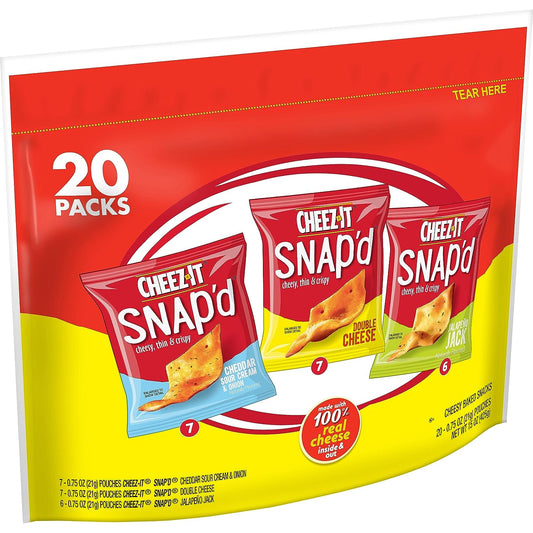 Cheez-It Snap'D Cheese Cracker Chips, Thin Crisps, Lunch Snacks, Variety Pack, 15Oz Bag (20 Packs)