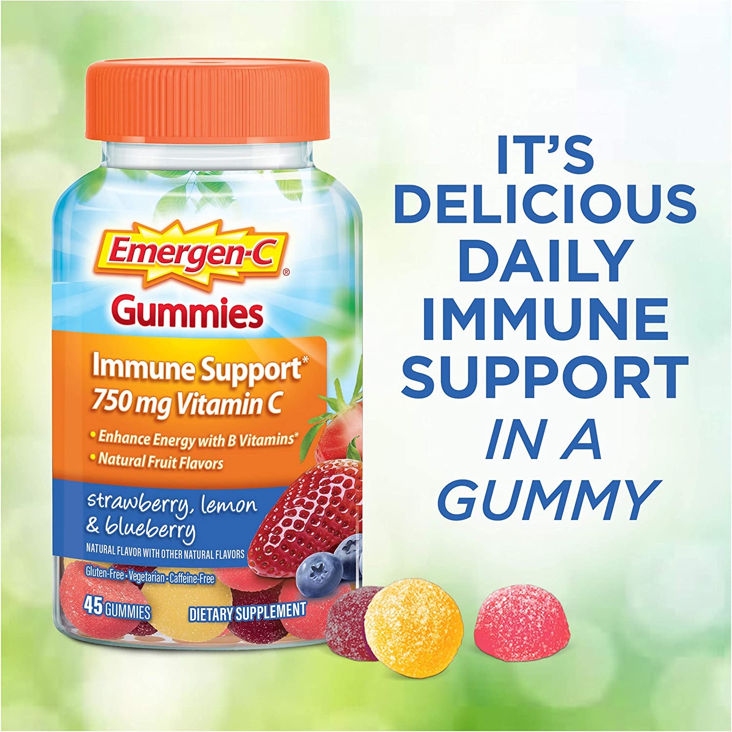 Emergen-C 750Mg Vitamin C Gummies for Adults, Immune Support Gummies, Gluten Free, Strawberry, Lemon and Blueberry Flavors - 45 Count