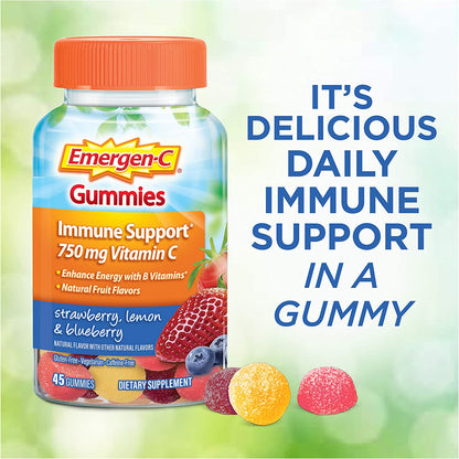 Emergen-C 750Mg Vitamin C Gummies for Adults, Immune Support Gummies, Gluten Free, Strawberry, Lemon and Blueberry Flavors - 45 Count