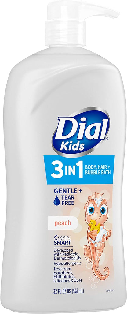 Dial Kids 3-In-1 Body+Hair+Bubble Bath, Peach, 32 Fl Oz