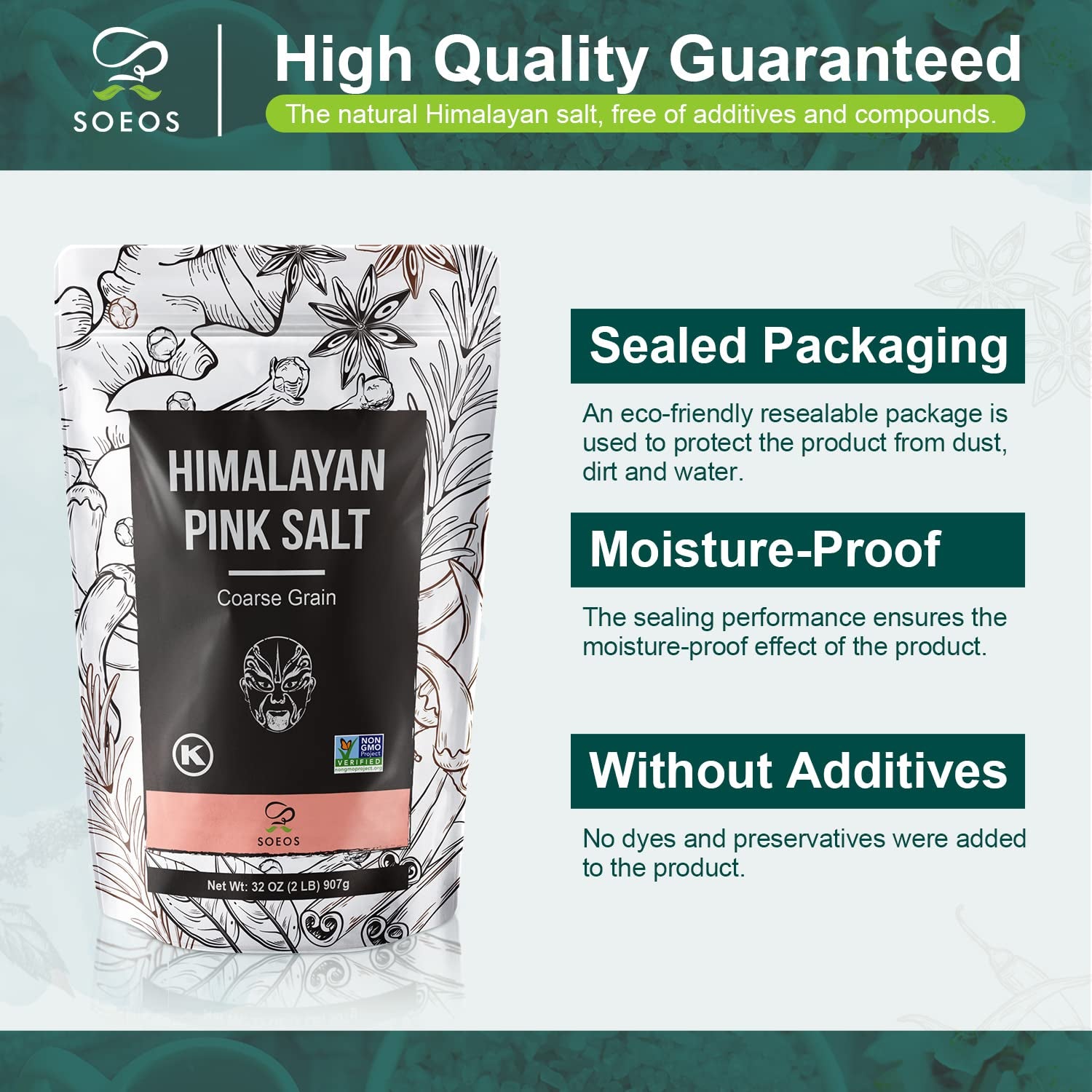 Soeos Himalayan Pink Salt Coarse Grain, 32Oz (907G), Non-Gmo Himalayan Salt, Natural Pink Salt, Kosher Pink Sea Salt, Nutrient and Mineral Dense for Health, 2 Pound (Pack of 1)