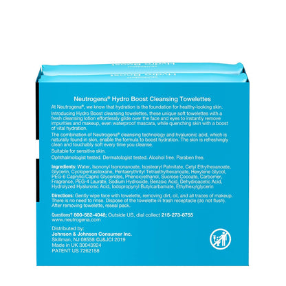 Neutrogena Hydro Boost Facial Cleansing Towelettes + Hyaluronic Acid, Hydrating Makeup Remover Face Wipes Remove Dirt & Waterproof Makeup, Hypoallergenic, 100% Plant-Based Cloth, 2 X 25 Ct