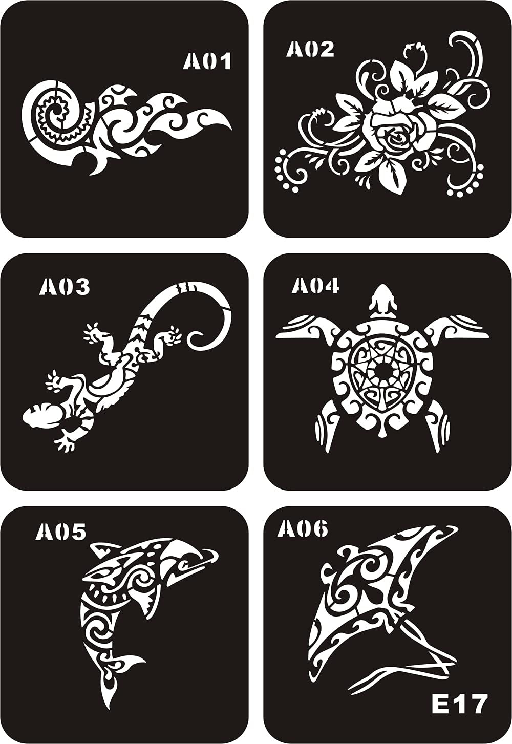 Kotbs 6 Sheets Temporary Tattoo Stencils, 34Pcs Animal Tiger Wolf Totem Patterns Henna Tattoo Stencil Kit Temporary Glitter Airbrush Tattoo Stencils Arabian Tattoo Stickers for Face Body Paint Art