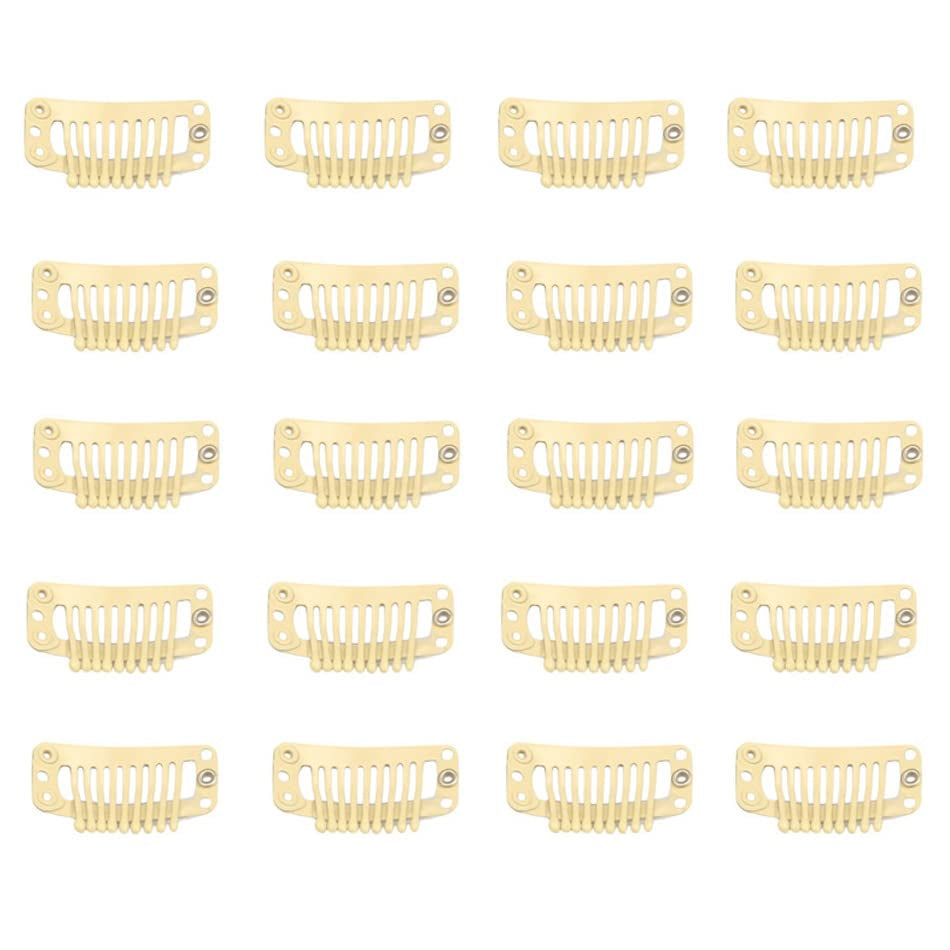 20Pcs 9-Teeth Stainless Snap Comb Wig Clips, Hair Extension Clips, Wig Accessories Clip, Diy Clips for Hairpieces Wigs Hair Extensions (Beige)