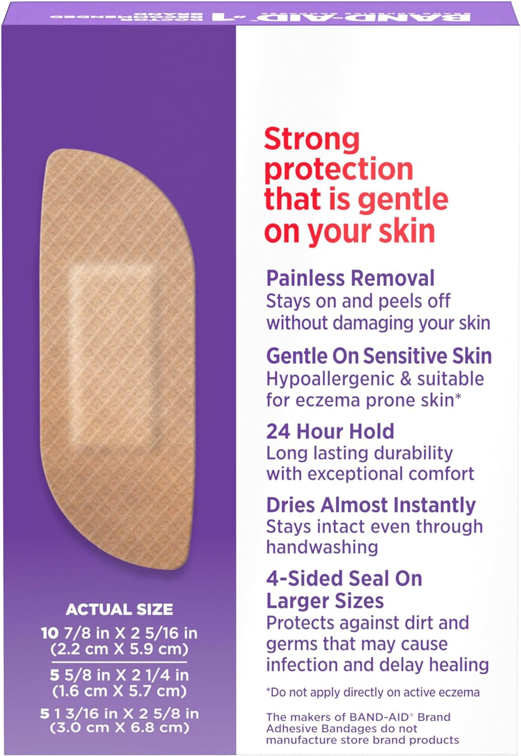 Band-Aid Brand Adhesive Bandages for Sensitive Skin, Hypoallergenic First Aid Bandages with Painless Removal, Stays on When Wet & Suitable for Eczema Prone Skin, Sterile, Assorted, 20 Ct