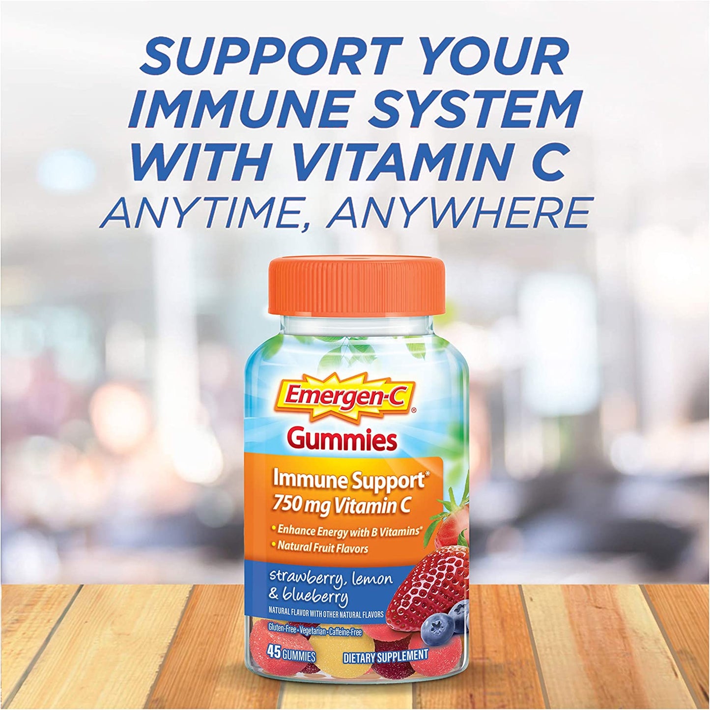 Emergen-C 750Mg Vitamin C Gummies for Adults, Immune Support Gummies, Gluten Free, Strawberry, Lemon and Blueberry Flavors - 45 Count