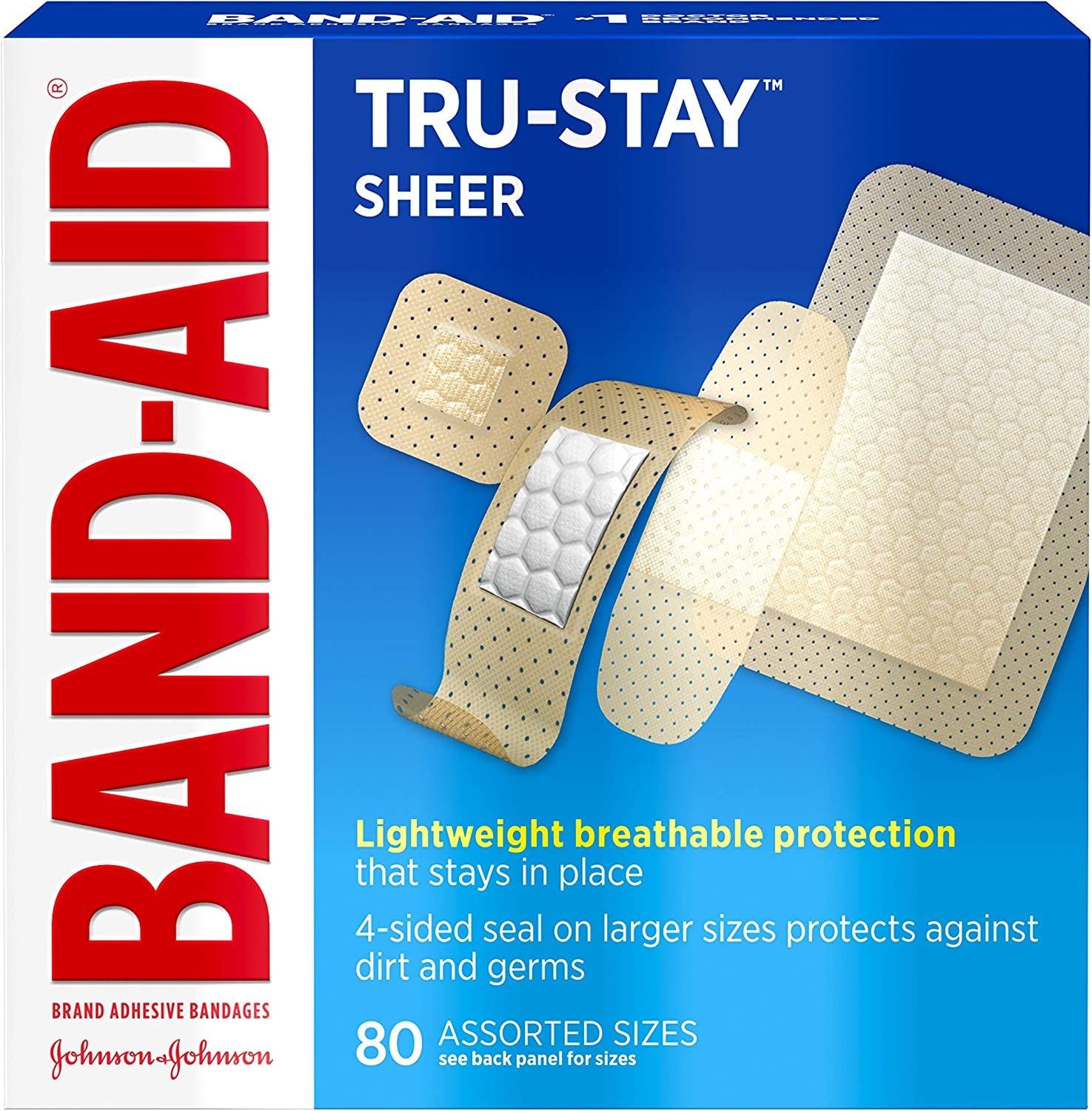 Band-Aid Brand Tru-Stay Sheer Strips Adhesive Bandages for First Aid and Wound Care, Assorted Sizes, 80 Ct