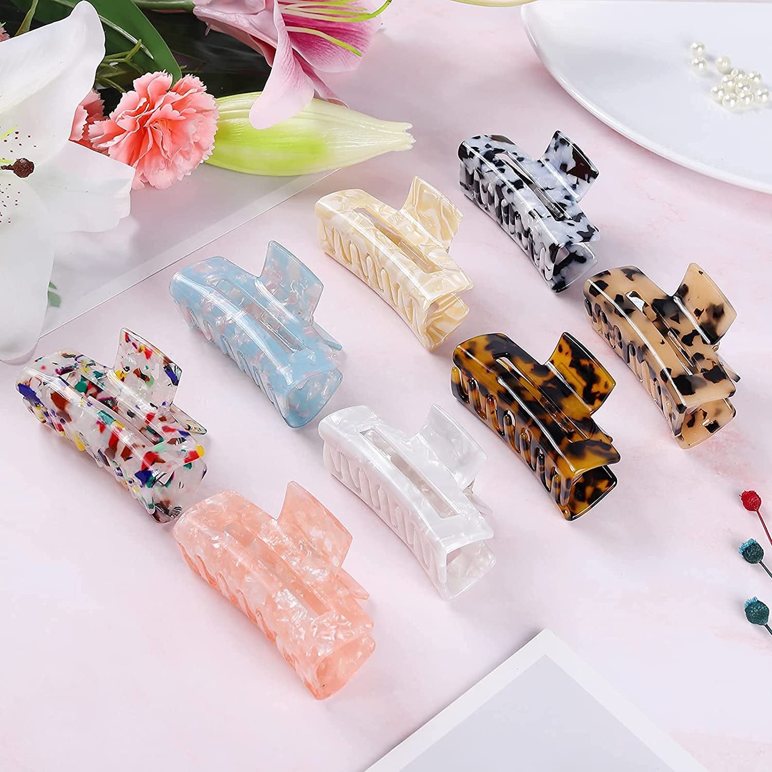 Hair Claw Clips 8 Pack Tortoise Barrettes Rectangle Shape Clips 3 Inch Fashion Hair Clips for Women