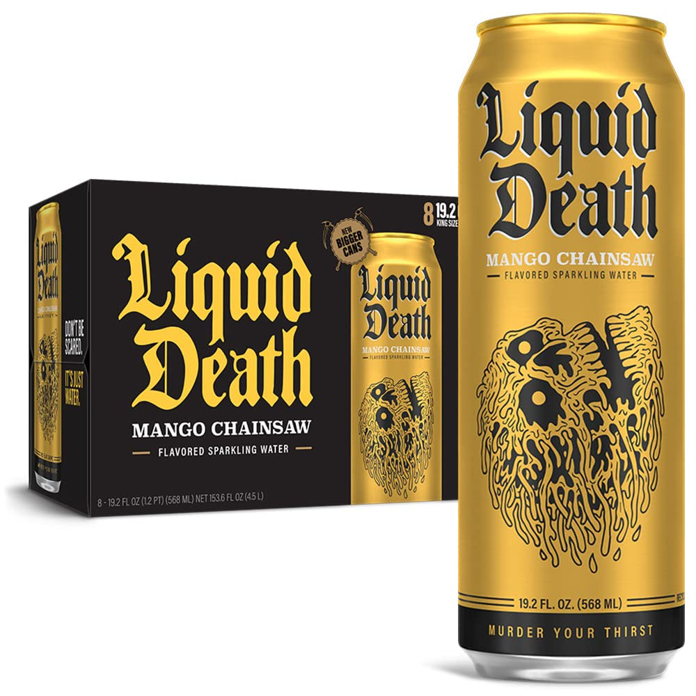 Liquid Death Flavored Sparkling Water with Agave, Mango Chainsaw, 19.2 Oz King Size Cans (8-Pack)