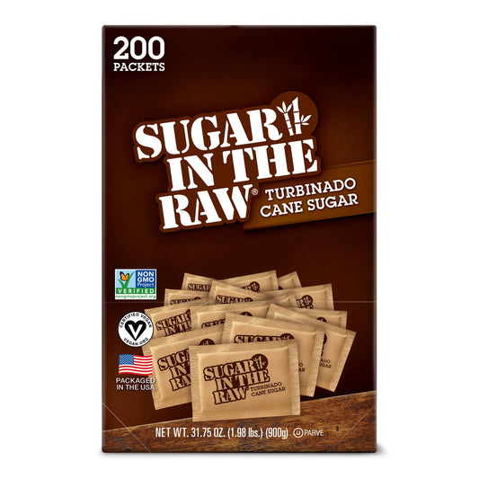 Sugar in the Raw Granulated Turbinado Cane Sugar on the Go Packet, Pure Natural Sweetener, Hot & Cold Drinks, Coffee, Cooking, Baking, Vegan, Gluten-Free, Non-Gmo, 200 Count Packets (1-Pack)