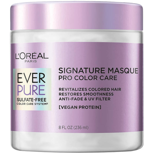 L’Oréal Paris Everpure Sulfate Free Signature Masque Pro Color Care, Hair Mask for Dry, Color Treated Hair, UV Filter, with Vegan Protein, Vegan Formula, Paraben Free, Dye Free, Gluten Free, 8 Fl Oz