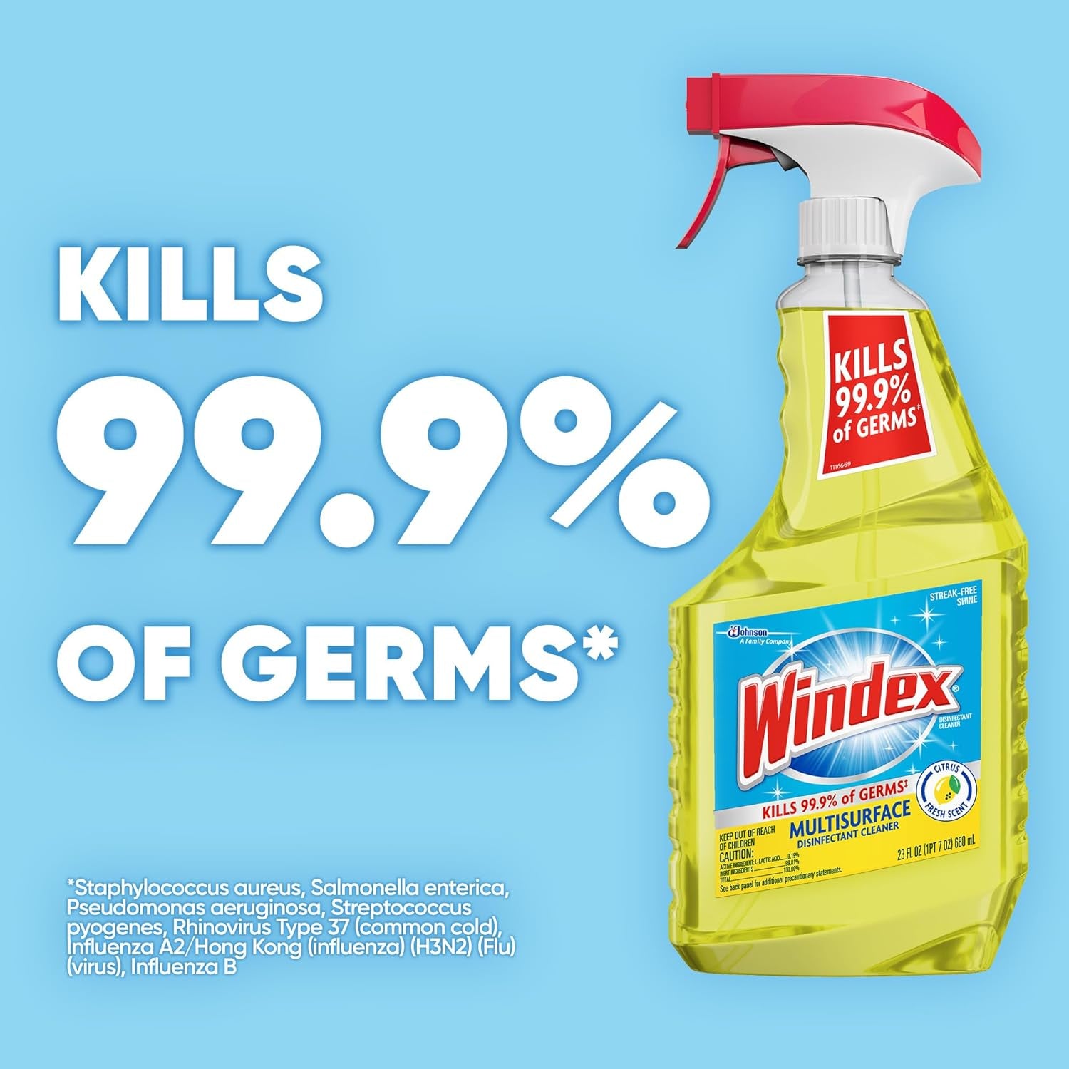 Windex Multisurface Cleaner and Disinfectant Spray, Kills 99.9% of Germs, Viruses and Bacteria, Citrus Fresh Scent, 23 Fl Oz