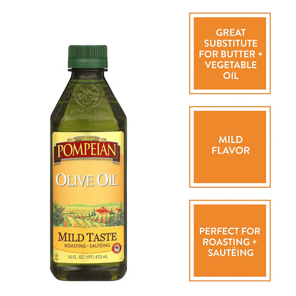 Pompeian Mild Taste Olive Oil, Mild Flavor, Perfect for Roasting & Sauteing, Naturally Gluten Free, Non-Allergenic, Non-Gmo, 16 FL. OZ.