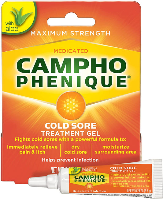 Campho-Phenique Cold Sore and Fever Blister Treatment for Lips, Maximum Strength Provides Instant Relief, Helps Prevent Infection to Promote Healing, Original Gel Formula, 0.23 Oz