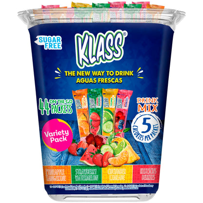 Klass Aguas Frescas, Fruit Variety Pack, Sugar Free Drink Mix , On-The-Go! Powdered Drink Mix (44 Count Powder Stick Packs) 5 Calories per Packet- Shake It Up! the New Way to Drink Aguas Frescas.