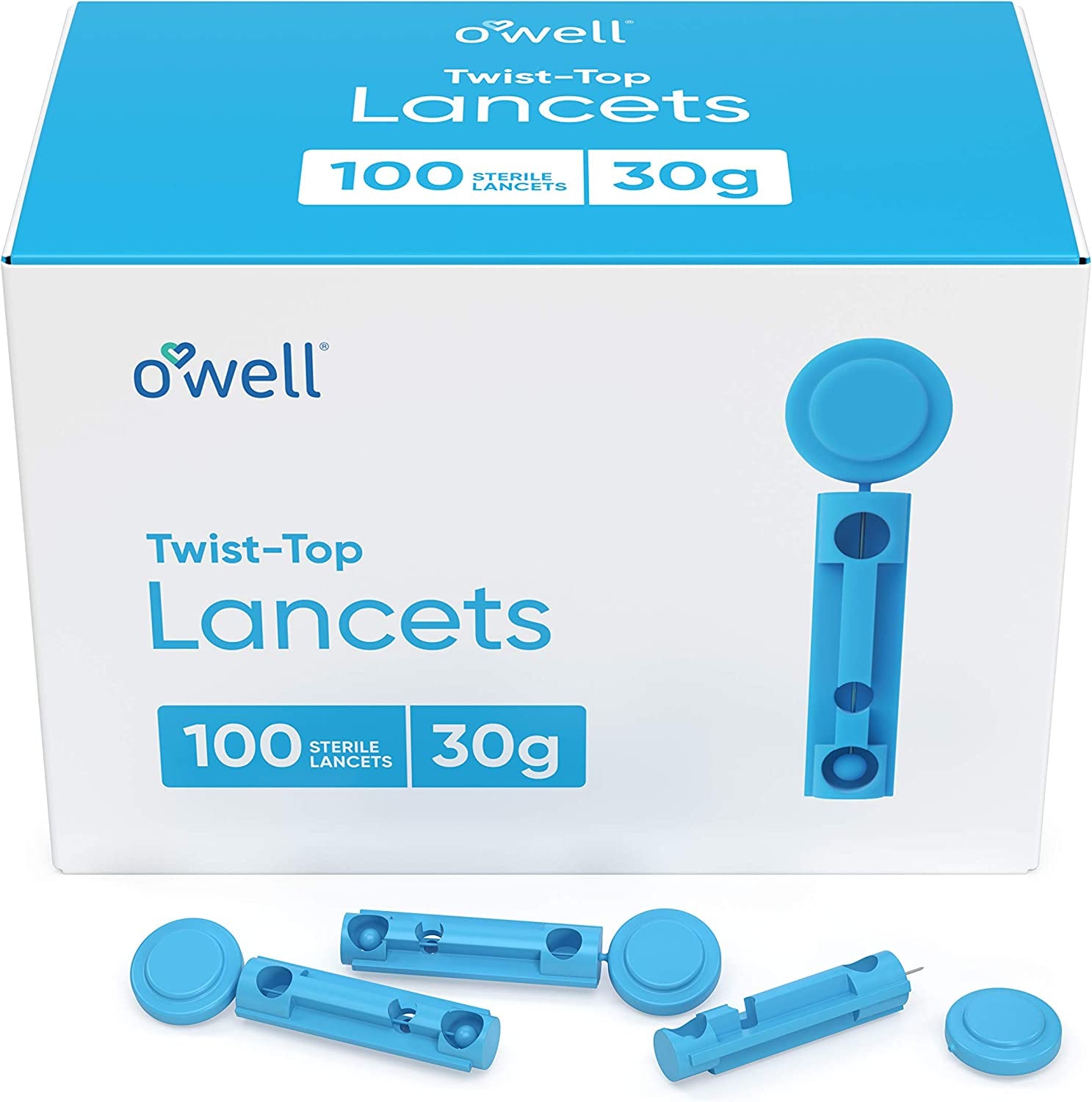 O'WELL Twist Top Lancets 30 Gauge, 100 Count | Thin Needle Lancets for Blood Glucose & Keto Testing | Box of 100 Sterile Lancets