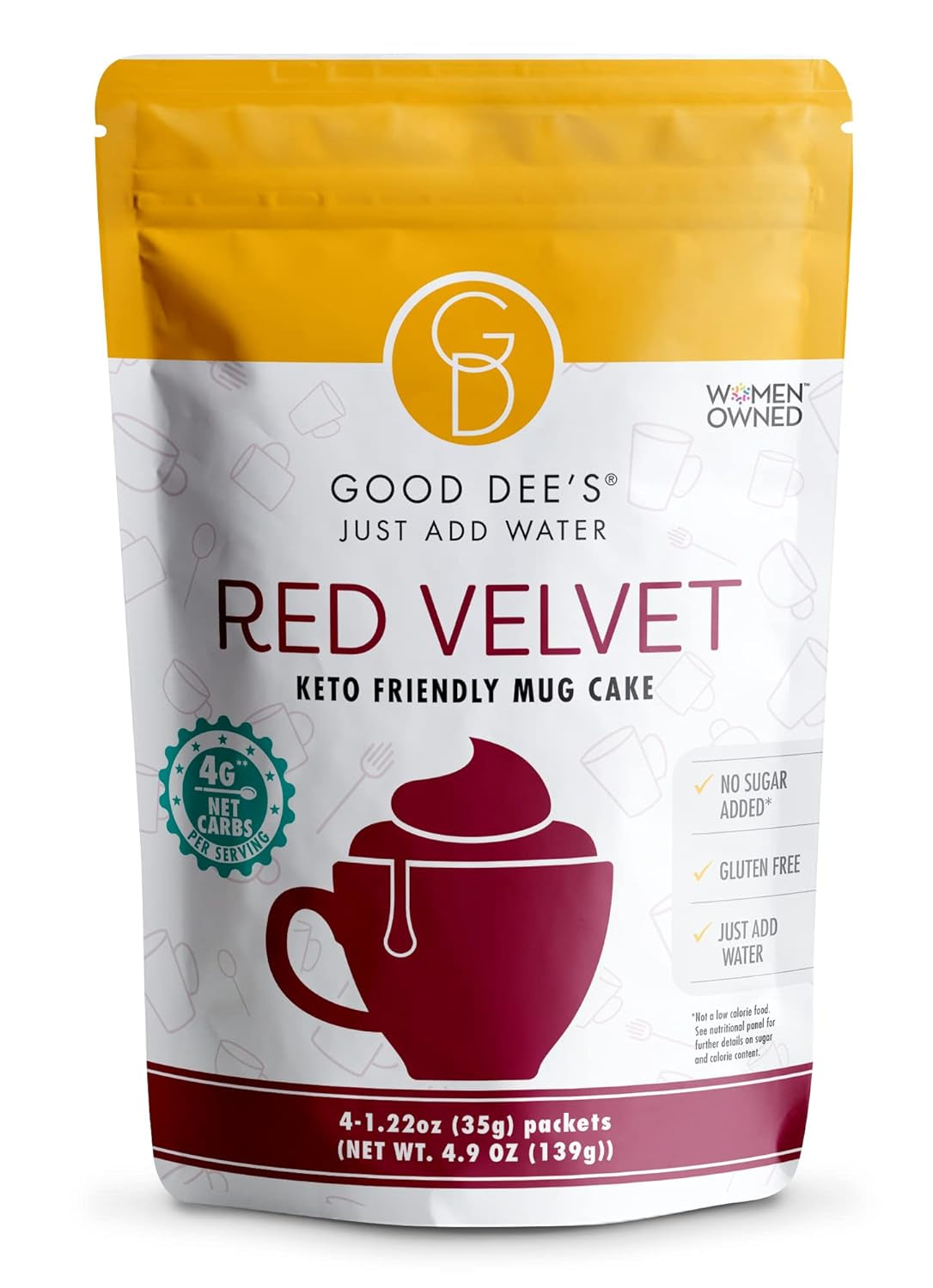 Good Dee'S Red Velvet Keto Mug Cakes, Just Add Water, Gluten Free, Grain Free, No Sugar Added, No Sugar Alcohols 4 Packets per Bag, Diabetic Friendly (Red-Velvet)