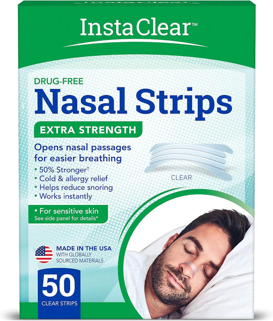 Instaclear Extra-Strength Nasal Breathing Strips Clear 50 Ct | Works Instantly, Nasal Congestion Relief, Stops Snoring, Cold & Allergy