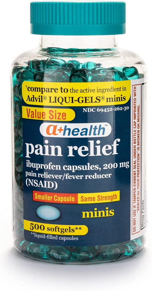 A+Health Mini Ibuprofen 200 Mg Softgels, Pain Reliever/Fever Reducer (NSAID), Made in USA, 500 Count