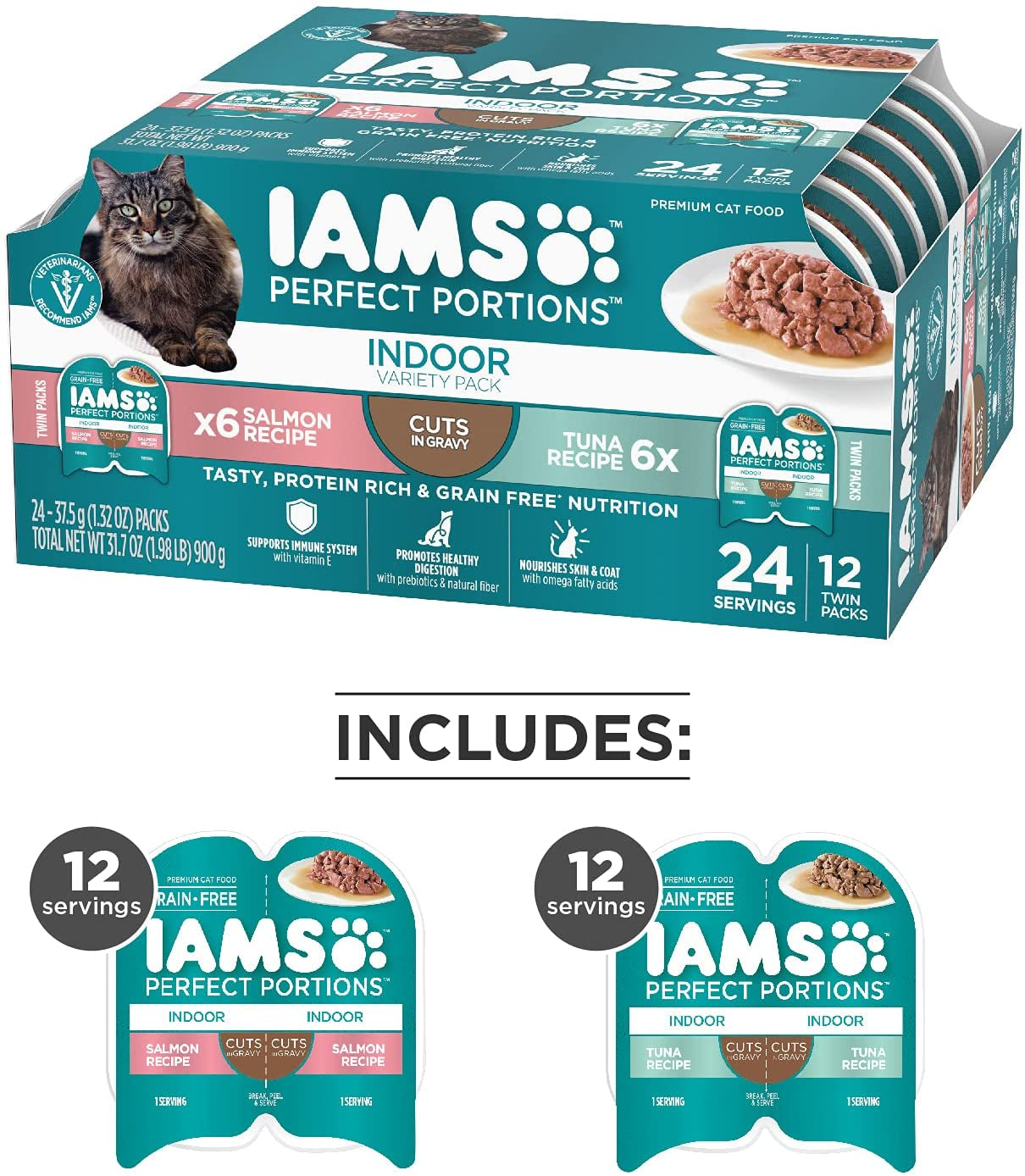 (12 Pack - 24 Servings) IAMS PERFECT PORTIONS Adult Indoor Cat Grain Free Wet Cat Food Cuts in Gravy Tuna Recipe, Salmon Recipe Variety Pack, 2.6 Oz. Easy Peel Twin-Pack Trays