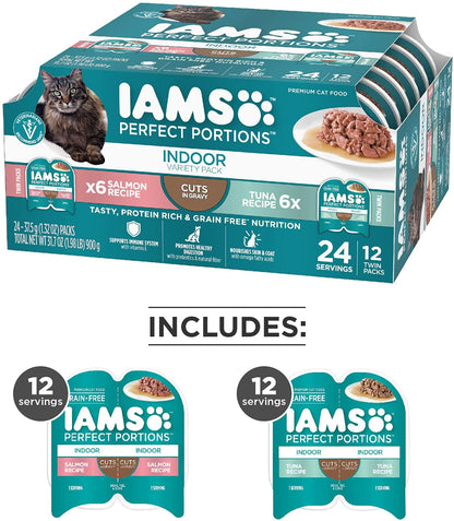 (12 Pack - 24 Servings) IAMS PERFECT PORTIONS Adult Indoor Cat Grain Free Wet Cat Food Cuts in Gravy Tuna Recipe, Salmon Recipe Variety Pack, 2.6 Oz. Easy Peel Twin-Pack Trays