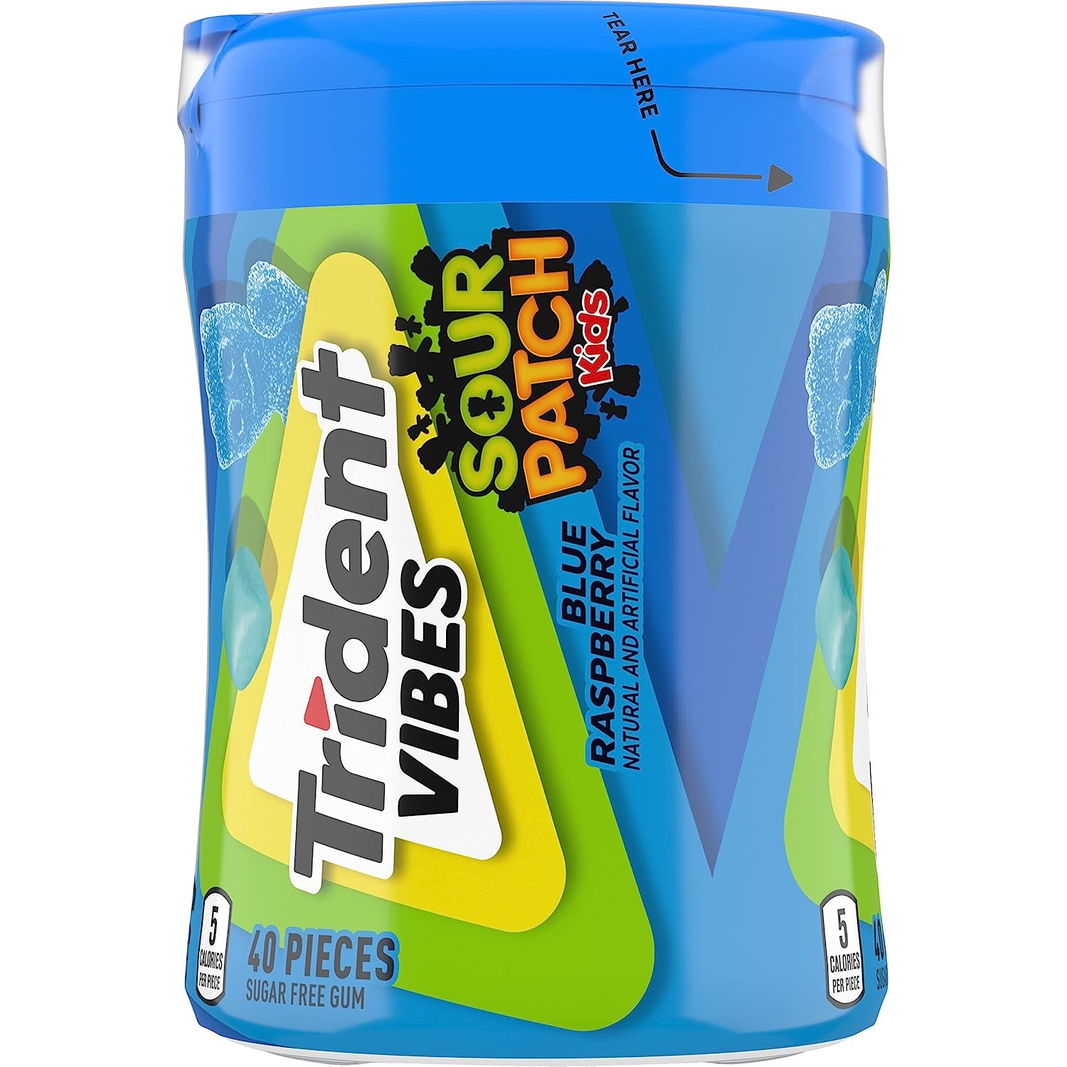 Trident Vibes SOUR PATCH KIDS Blue Raspberry Sugar Free Gum, 40 Piece Bottle